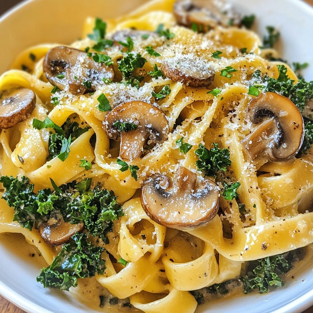 One-pan Meals Creamy Mushroom and Kale Fettuccine Delight